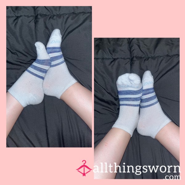 WHITE AND BLUE STRIPED “d*ckIES” SOCKS - WORN FOR 3 DAYS👃🏻