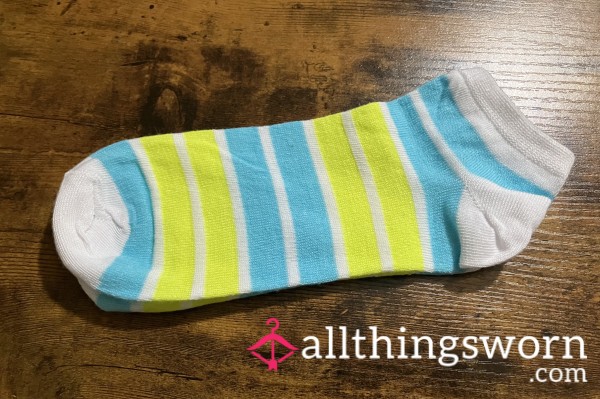 White, Blue, & Neon Green Striped Ankle Socks - Includes US Shipping & 24 Hr Wear