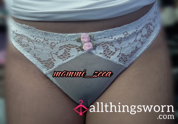 White See Through Mesh Lace Thong With Pink Rose | Size M