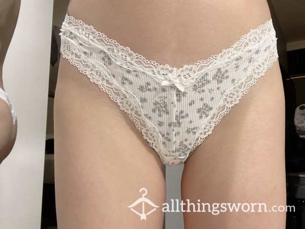 White/blue Floral Ribbed Thong With Lace Trims