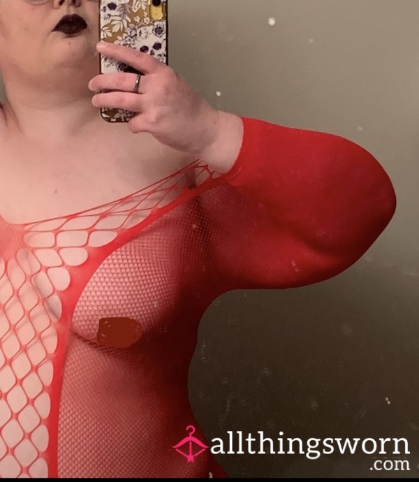 Worn And Played In Red Fishnet Dress