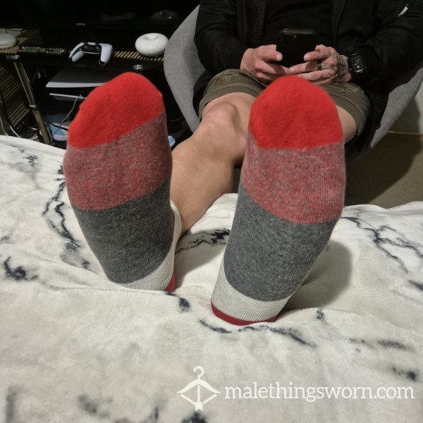 Worn Red, White & Grey Socks