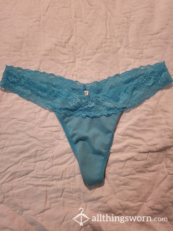 XL Blue Cotton And Lace Thong - 1 Save